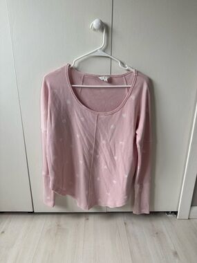Lucky Brand Light Pink Long Sleeve Scoop Neck Top with Subtle Hearts